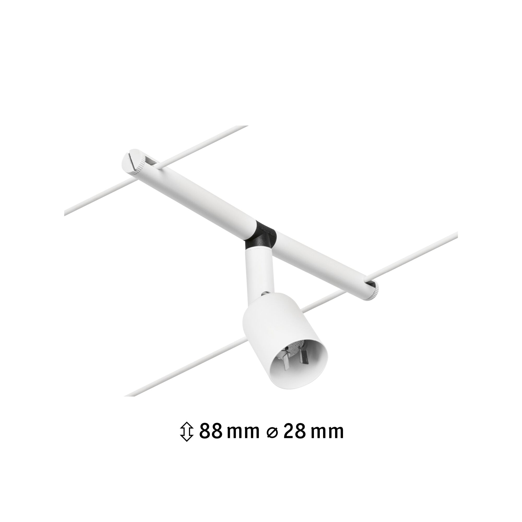 White metal LED cable spotlight with 88 mm height and 28 mm diameter for flexible lighting solutions.