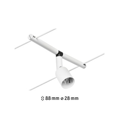 Hvid metal LED-kabelspot med 88 mm højde og 28 mm diameter til fleksibel belysning.