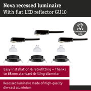 Nova recessed luminaire in black die-cast aluminium with flat GU10 LED reflector and exchangeable lamp
