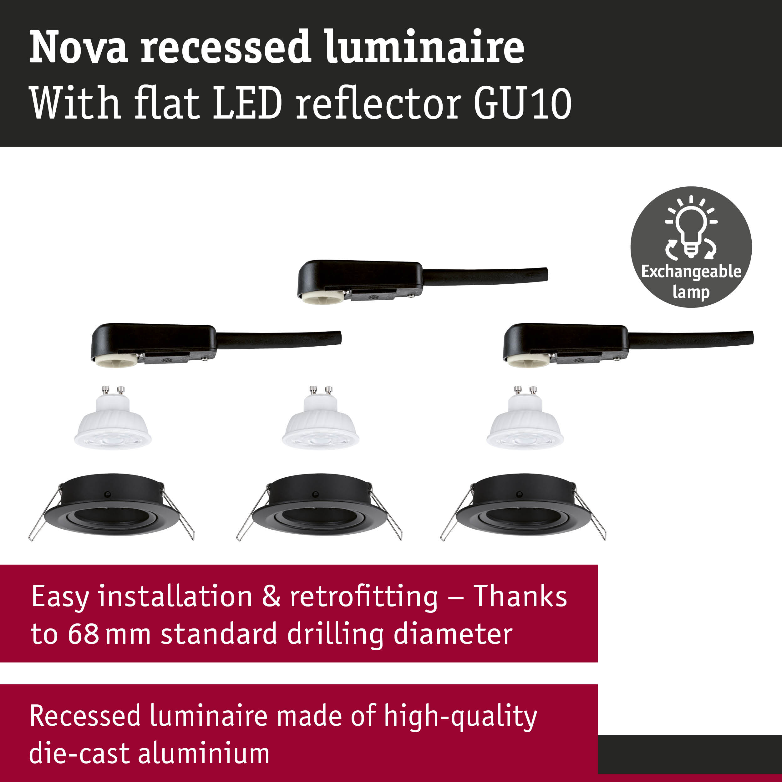 Nova recessed luminaire in black die-cast aluminium with flat GU10 LED reflector and exchangeable lamp