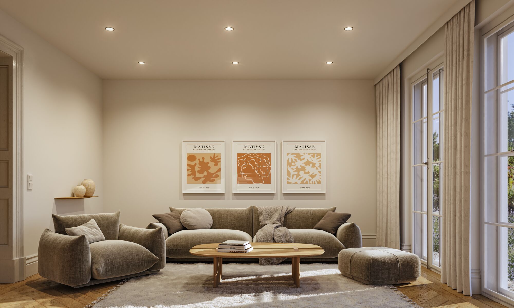 Modern living room with grey fabric sofa, armchair, pouf, and wooden table on light rug.