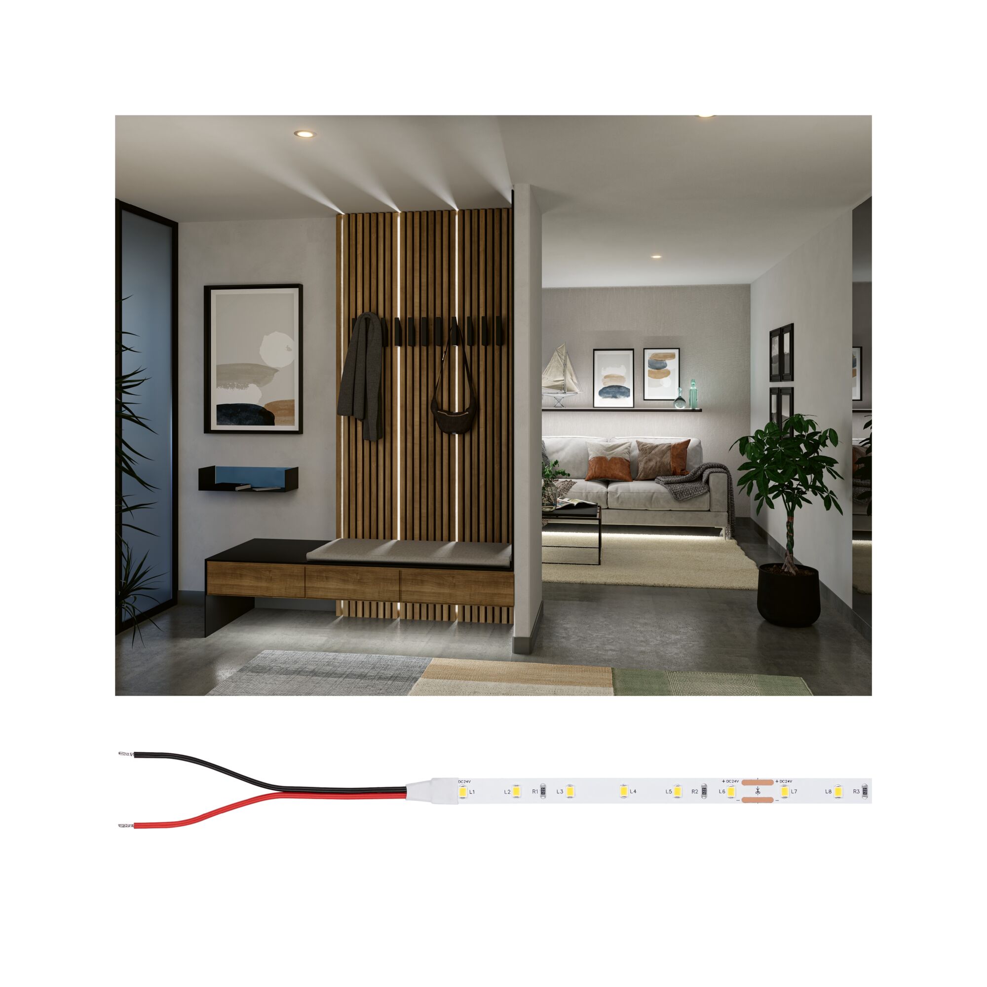 LED-Lichtstreifen mit warmweißem Licht in modernem Flur mit Holzpaneelen und Sitzbank aus Holz.
