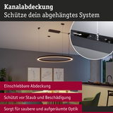 Moderne schwarze LED-Ringleuchte mit Kabelabhängung und schiebbarer Kanalabdeckung für saubere Optik