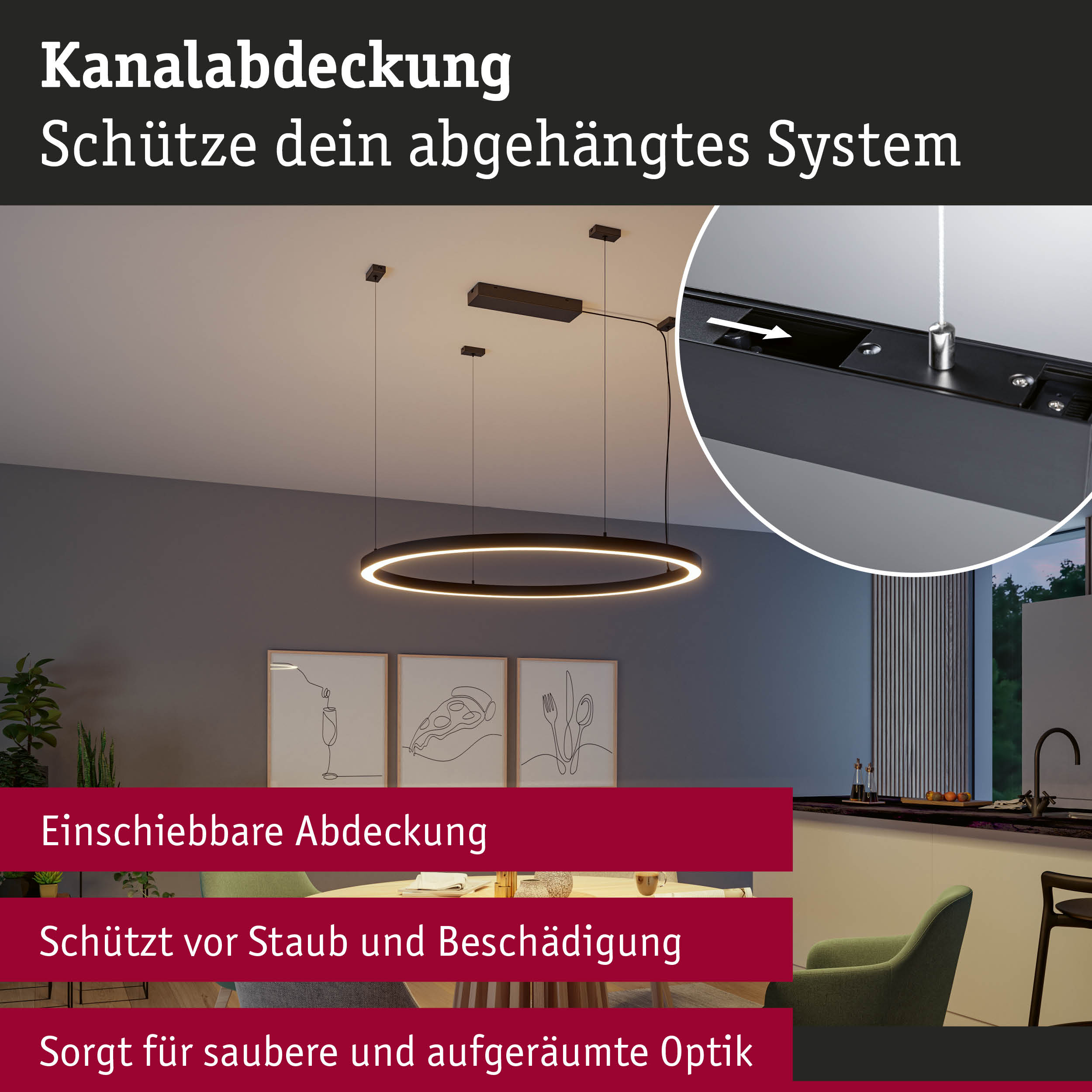 Schwarze Kanalabdeckung schützt abgehängtes System vor Staub und Beschädigung für saubere Optik