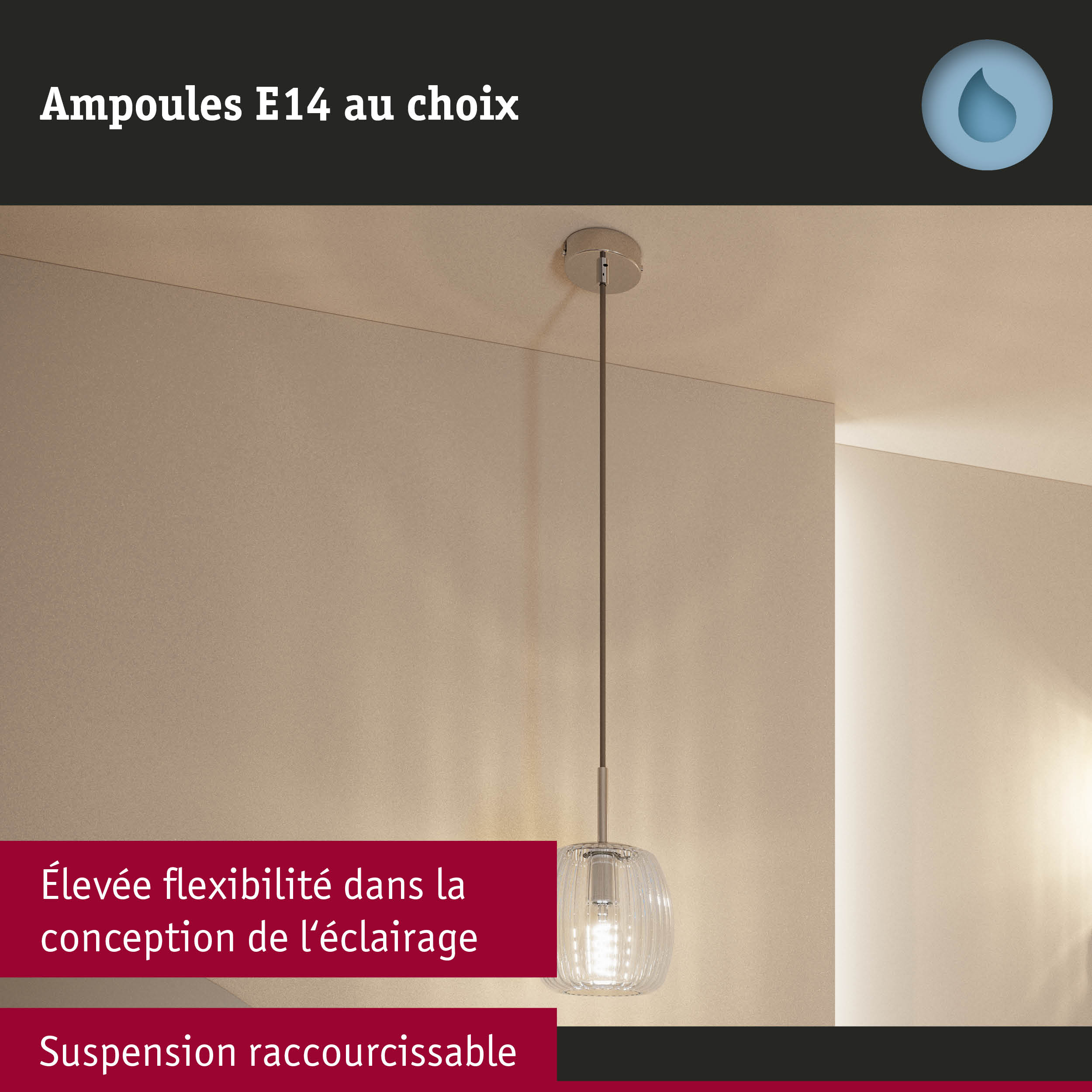 Suspension moderne en verre transparent avec longueur réglable pour un éclairage flexible
