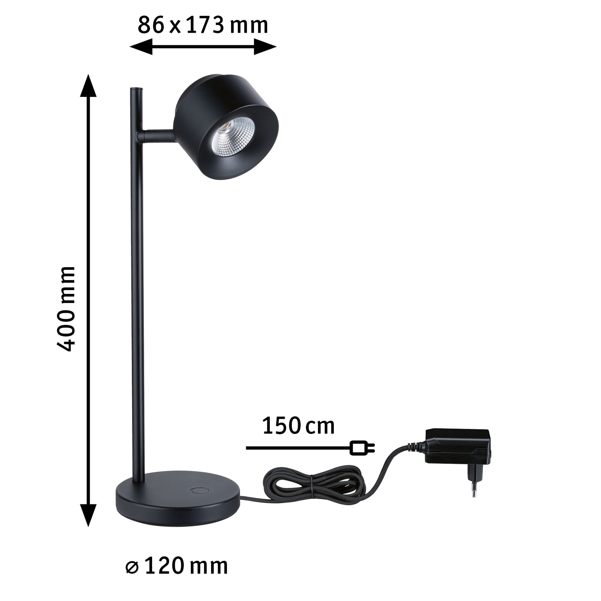 Schwarze LED-Tischleuchte aus Metall mit verstellbarem Kopf und 150 cm Kabel für modernes Lichtdesign.