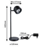 Schwarze LED-Tischleuchte aus Metall mit verstellbarem Kopf und 150 cm Kabel für modernes Lichtdesign.