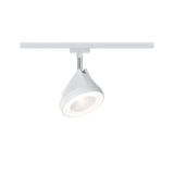 White LED spotlight made of plastic and metal on track system for modern indoor lighting