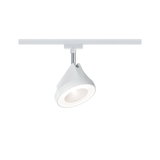 White LED spotlight made of plastic and metal on track system for modern indoor lighting