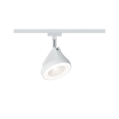 Weißer LED-Spot aus Kunststoff und Metall an Schienensystem für moderne Innenbeleuchtung