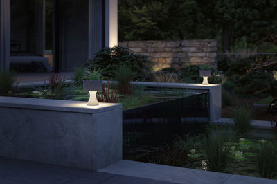 Illuminated grey stone planter on concrete wall in garden with pond and aquatic plants at dusk.