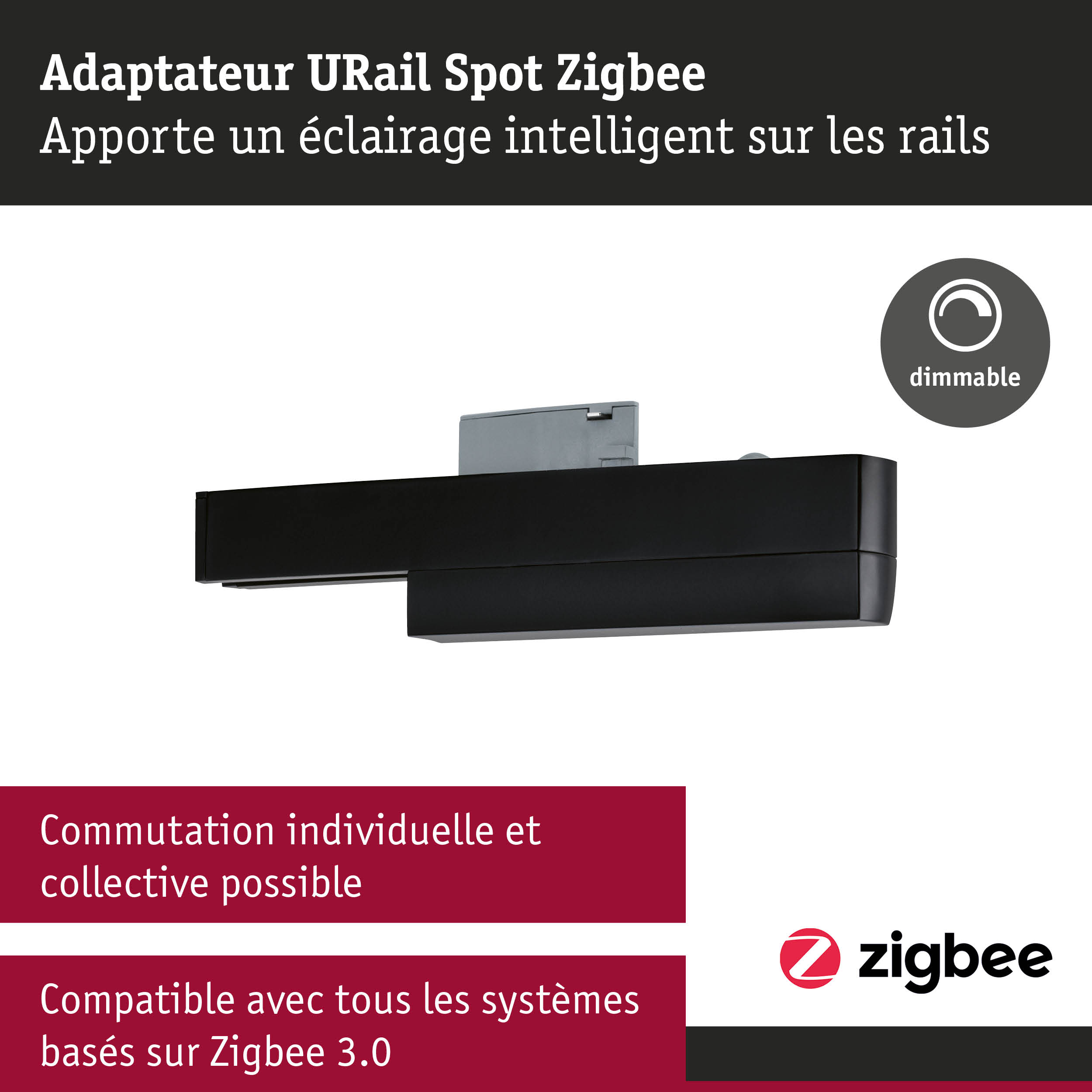 Adaptateur URail Spot Zigbee noir en métal avec fonction dimmable pour éclairage intelligent sur rails