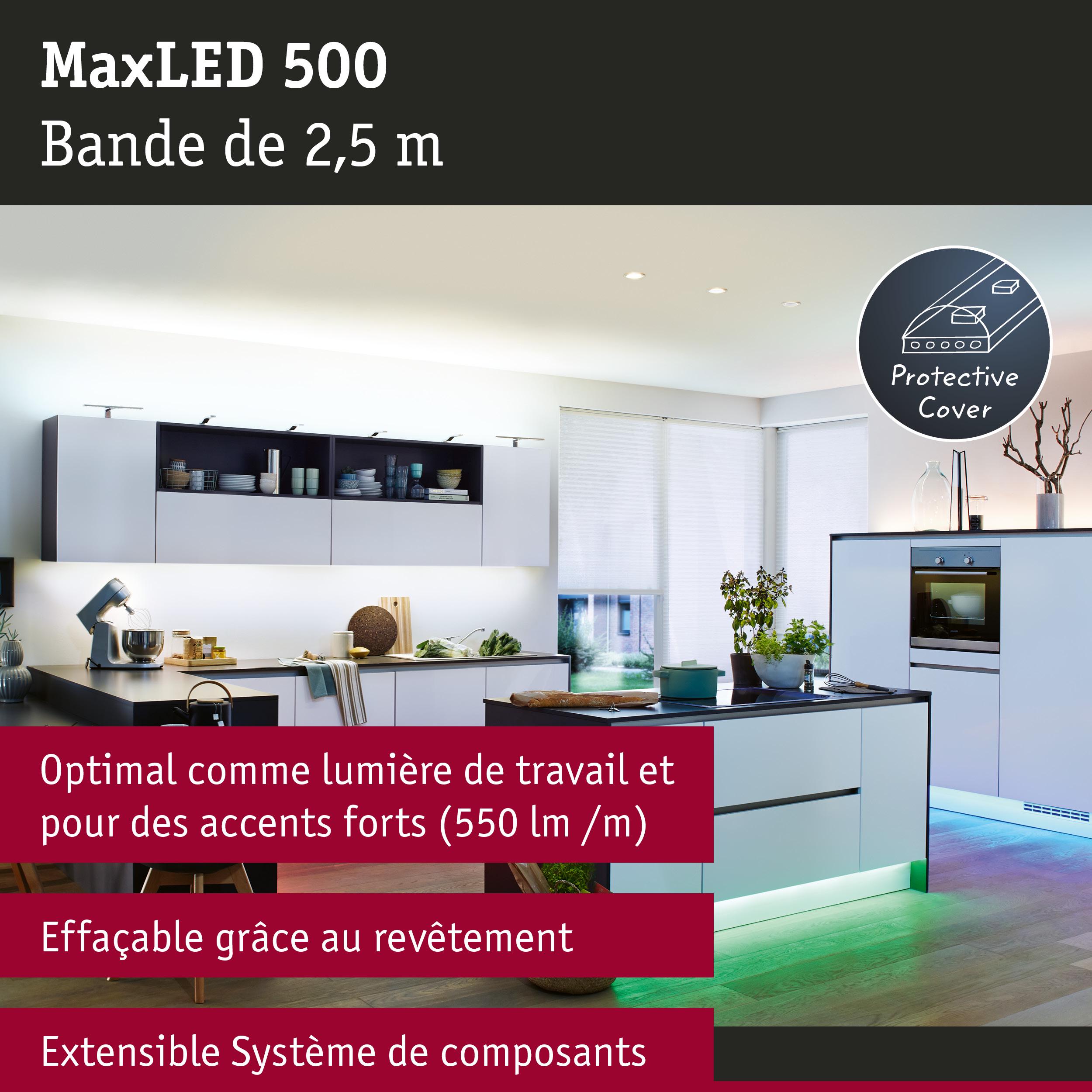 Bande LED MaxLED 500 de 2,5 m avec protection, idéale pour lumière de travail et accents forts en cuisine