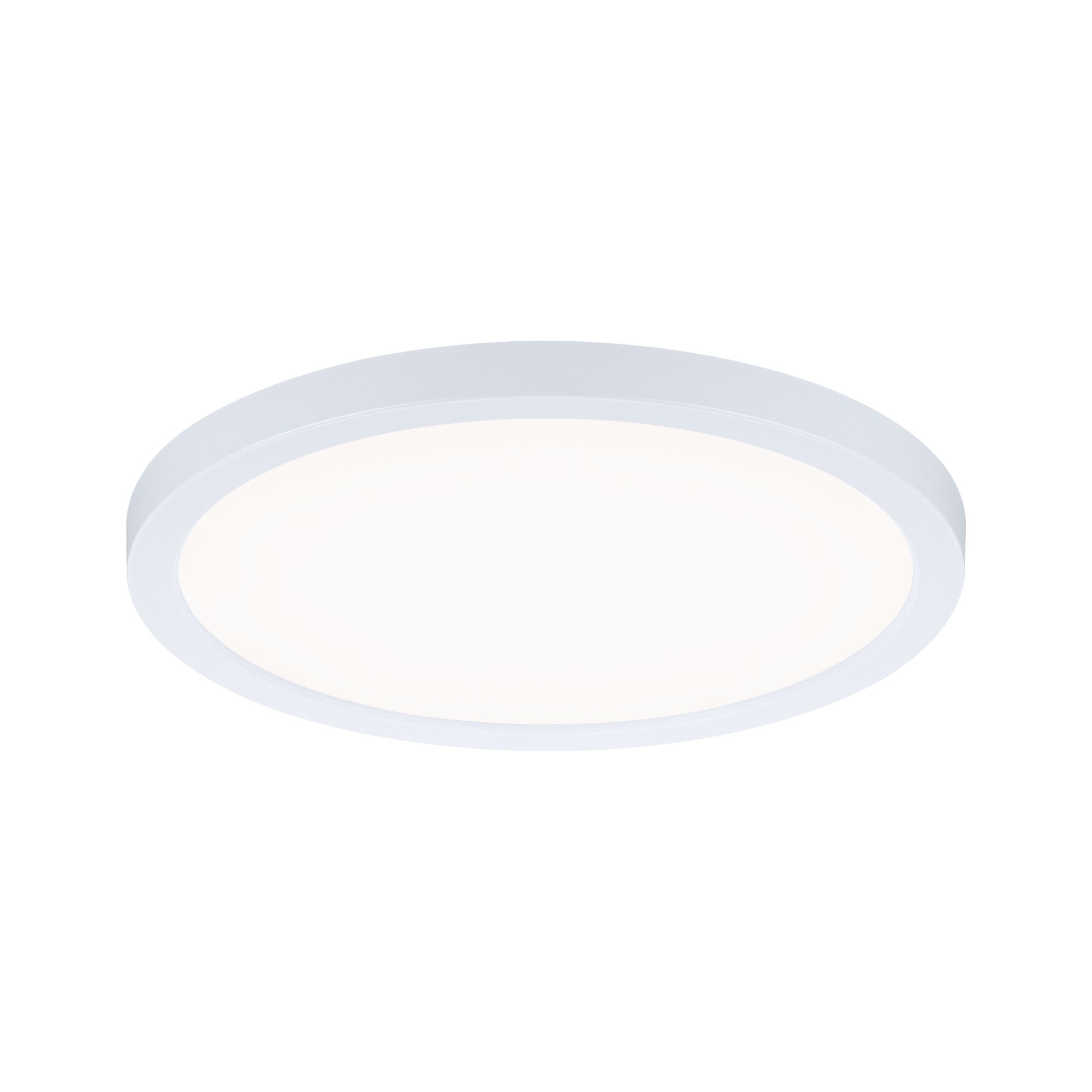 Round white LED ceiling light made of plastic with even light distribution for living spaces