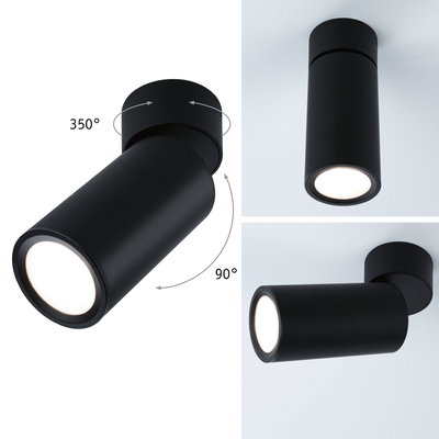 Black metal LED ceiling light with 350° rotation and 90° tilt for adjustable modern lighting