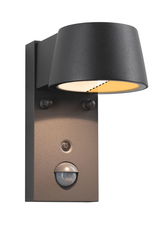Black metal outdoor wall light with motion sensor and warm white light for home exterior lighting.