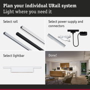 Modular URail rail system with black and white aluminium rails for flexible LED lighting setup.