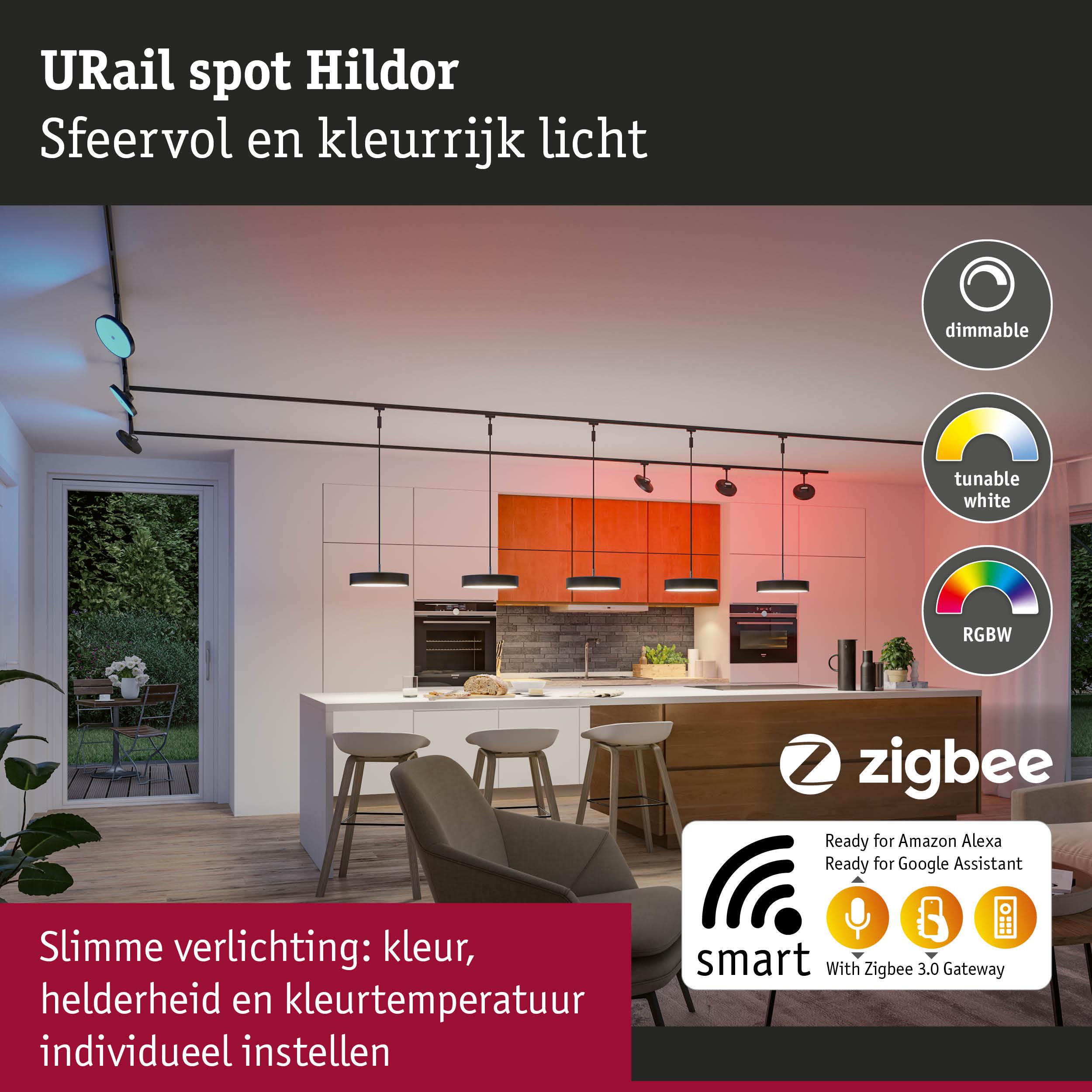 Moderne keuken met dimbare URail Spot Hildor zwarte LED-lampen voor kleurrijke slimme verlichting
