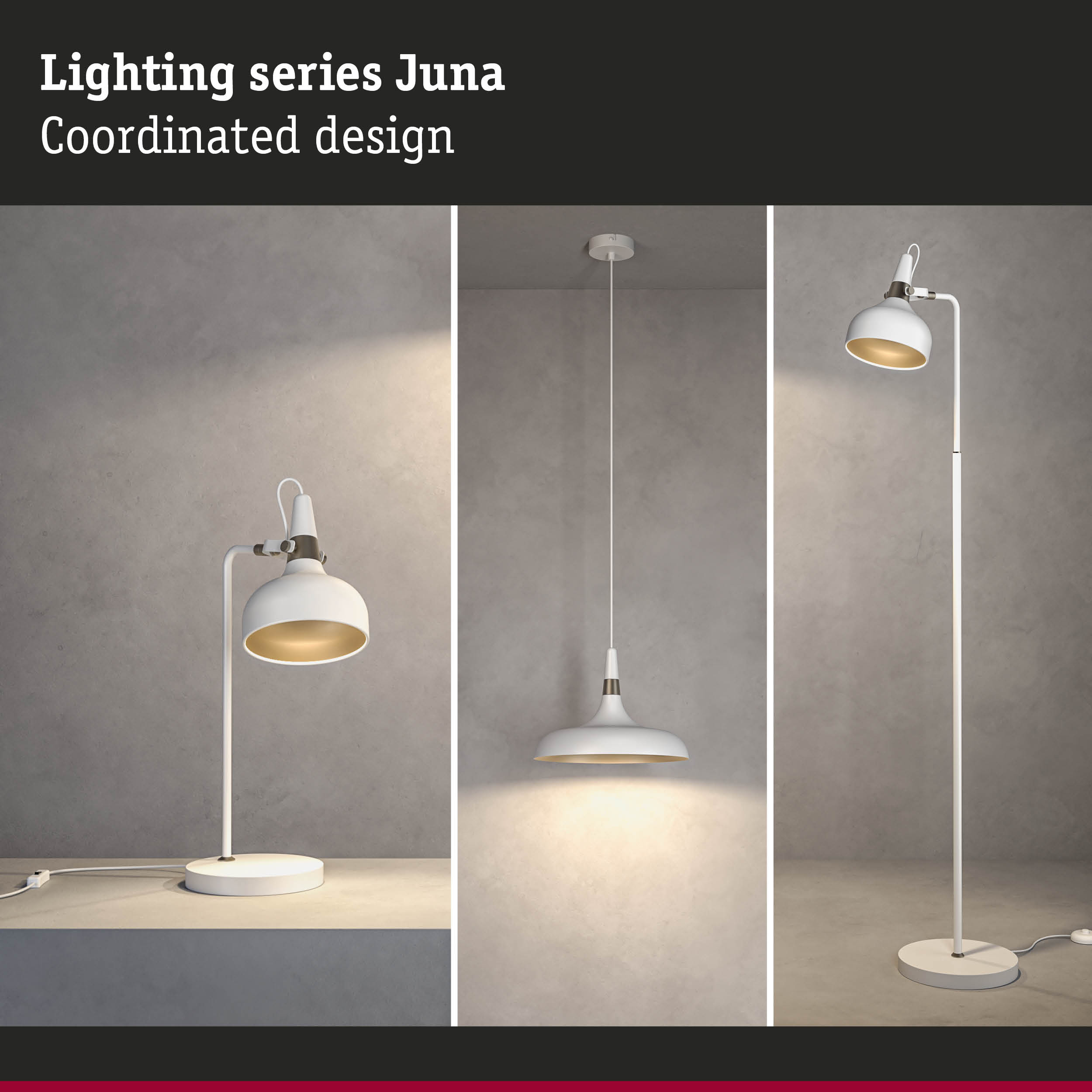 White Juna lighting series with metal table, pendant, and floor lamps for modern home decor