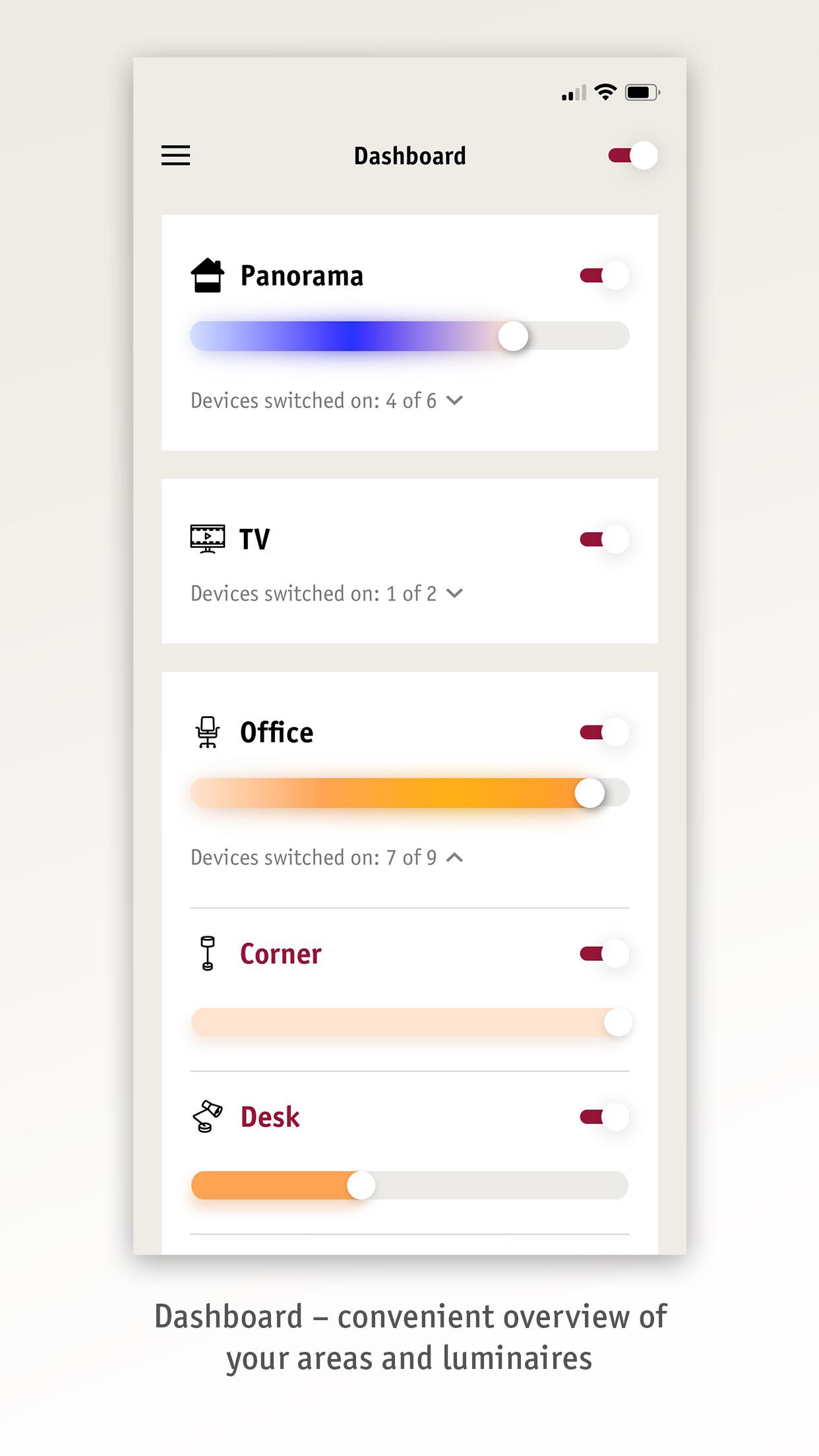 Paulmann app dashboard displaying control of lighting zones with color and brightness sliders