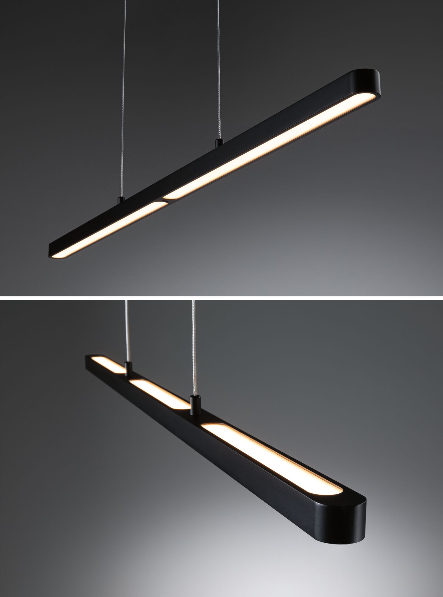 Schwarze LED-Pendelleuchte aus Metall mit warmweißem Licht für moderne Innenräume