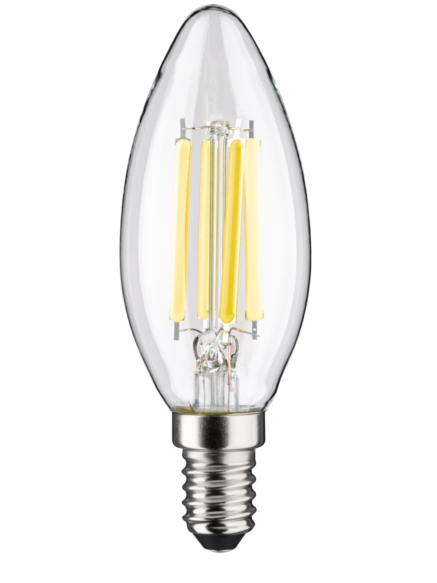 Clear glass LED filament bulb with E14 base and warm white light for decorative lighting use