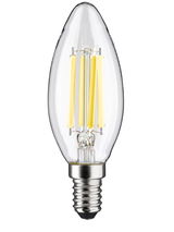 Clear glass LED filament bulb with E14 base and warm white light for decorative lighting use