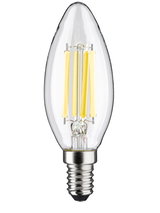 Clear glass LED filament bulb with E14 base and warm white light for decorative lighting use