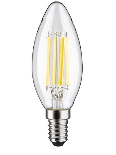 Clear glass LED filament bulb with E14 base and warm white light for decorative lighting use