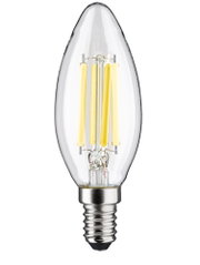 Clear glass LED filament bulb with E14 base and warm white light for decorative lighting use