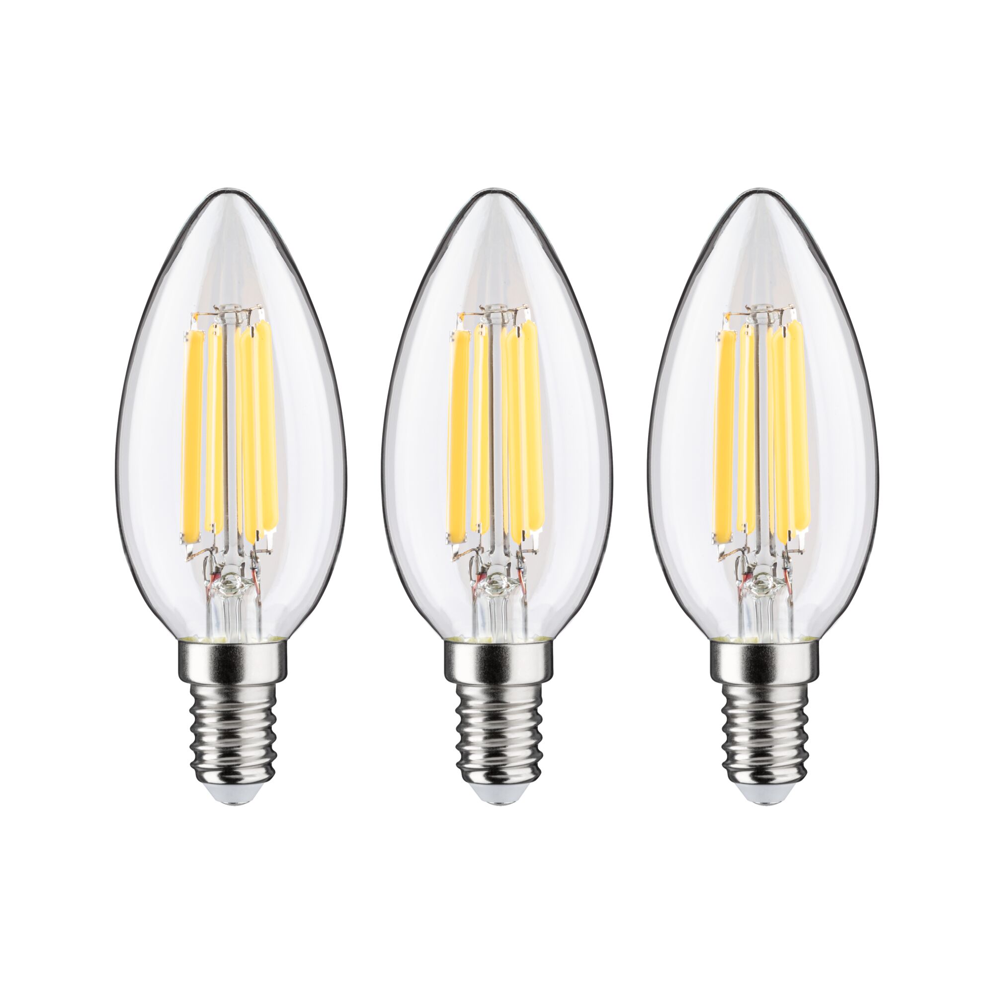 Three clear LED candle bulbs with E14 base emitting warm white light for energy-saving lighting.