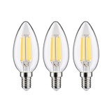 Three clear LED candle bulbs with E14 base emitting warm white light for energy-saving lighting.