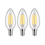 Three clear LED candle bulbs with E14 base emitting warm white light for energy-saving lighting.