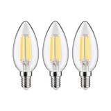 Three clear LED candle bulbs with E14 base emitting warm white light for energy-saving lighting.