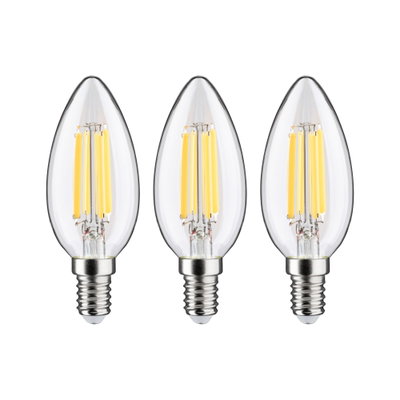 Three clear LED candle bulbs with E14 base emitting warm white light for energy-saving lighting.