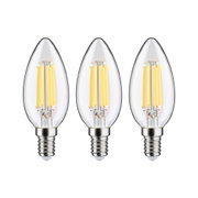 Drei klare LED-Kerzenlampen mit E14-Fassung und warmweißem Licht für energiesparende Beleuchtung.
