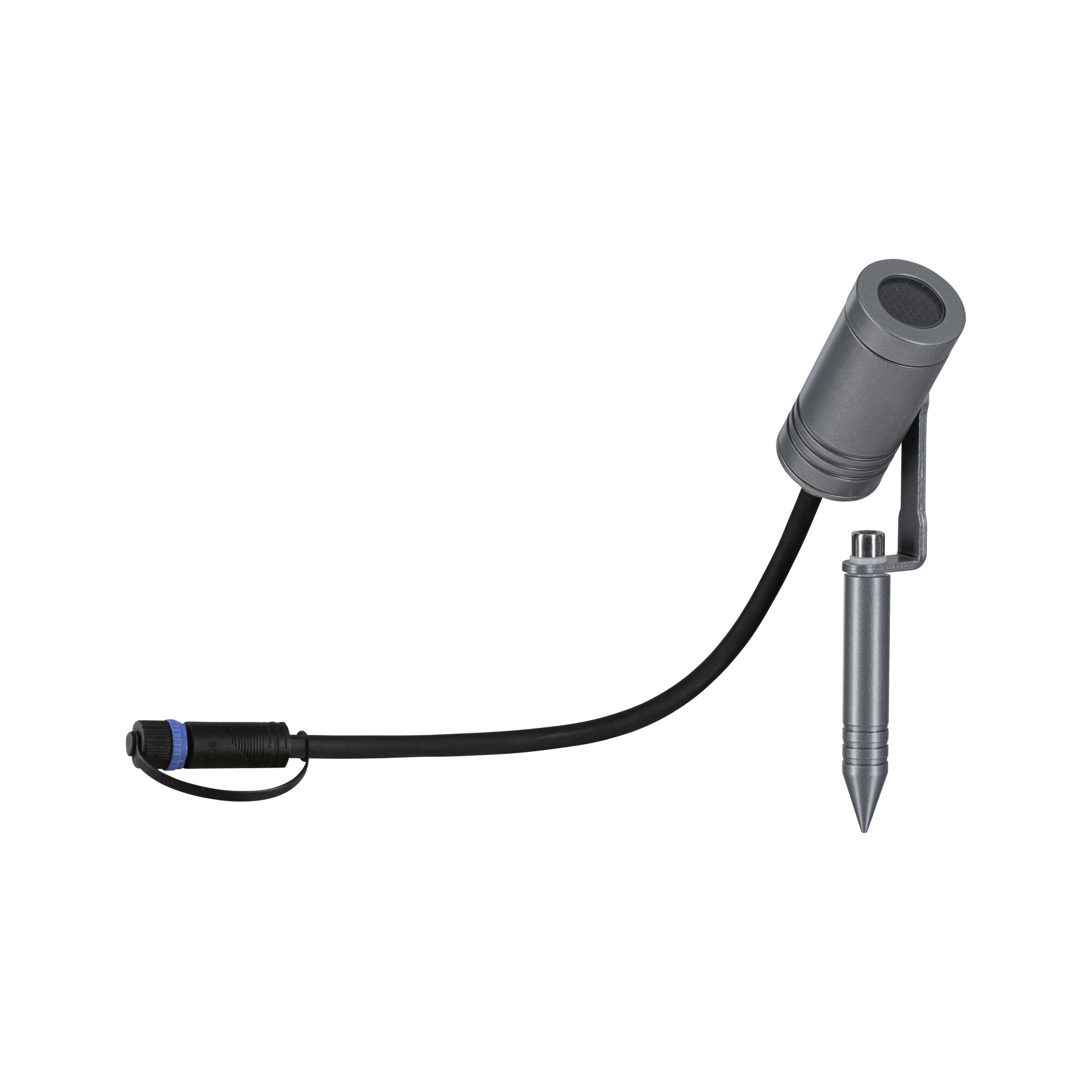 Grey aluminum garden spotlight with ground spike and black cable for outdoor lighting