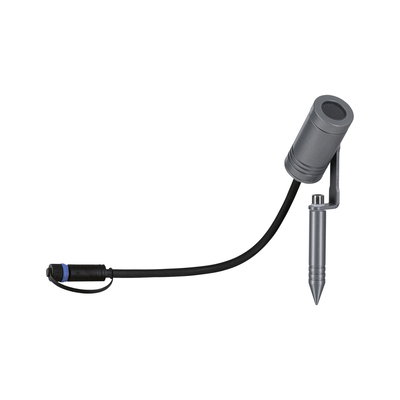 Grey aluminum garden spotlight with ground spike and black cable for outdoor lighting