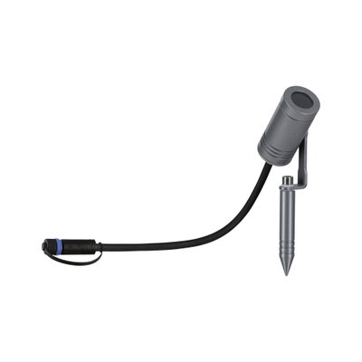 Grey aluminum garden spotlight with ground spike and black cable for outdoor lighting