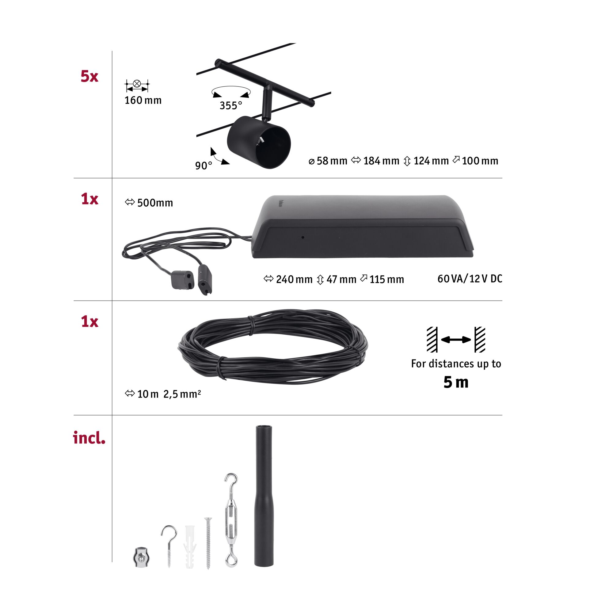Technical drawing showing five black LED spotlights, power supply, and cable for track lighting system.
