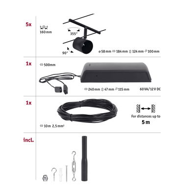 Technical drawing showing five black LED spotlights, power supply, and cable for track lighting system.