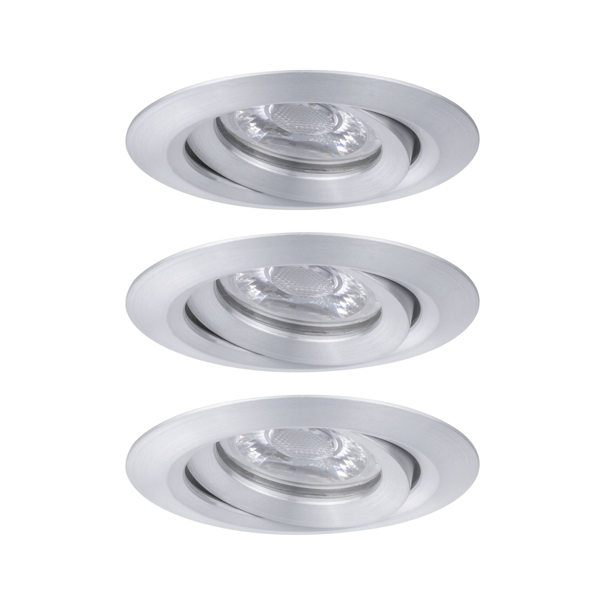 Three round recessed spotlights in brushed silver aluminum for modern LED lighting solutions