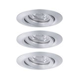 Three round recessed spotlights in brushed silver aluminum for modern LED lighting solutions