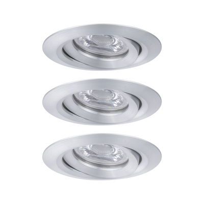 Three round recessed spotlights in brushed silver aluminum for modern LED lighting solutions