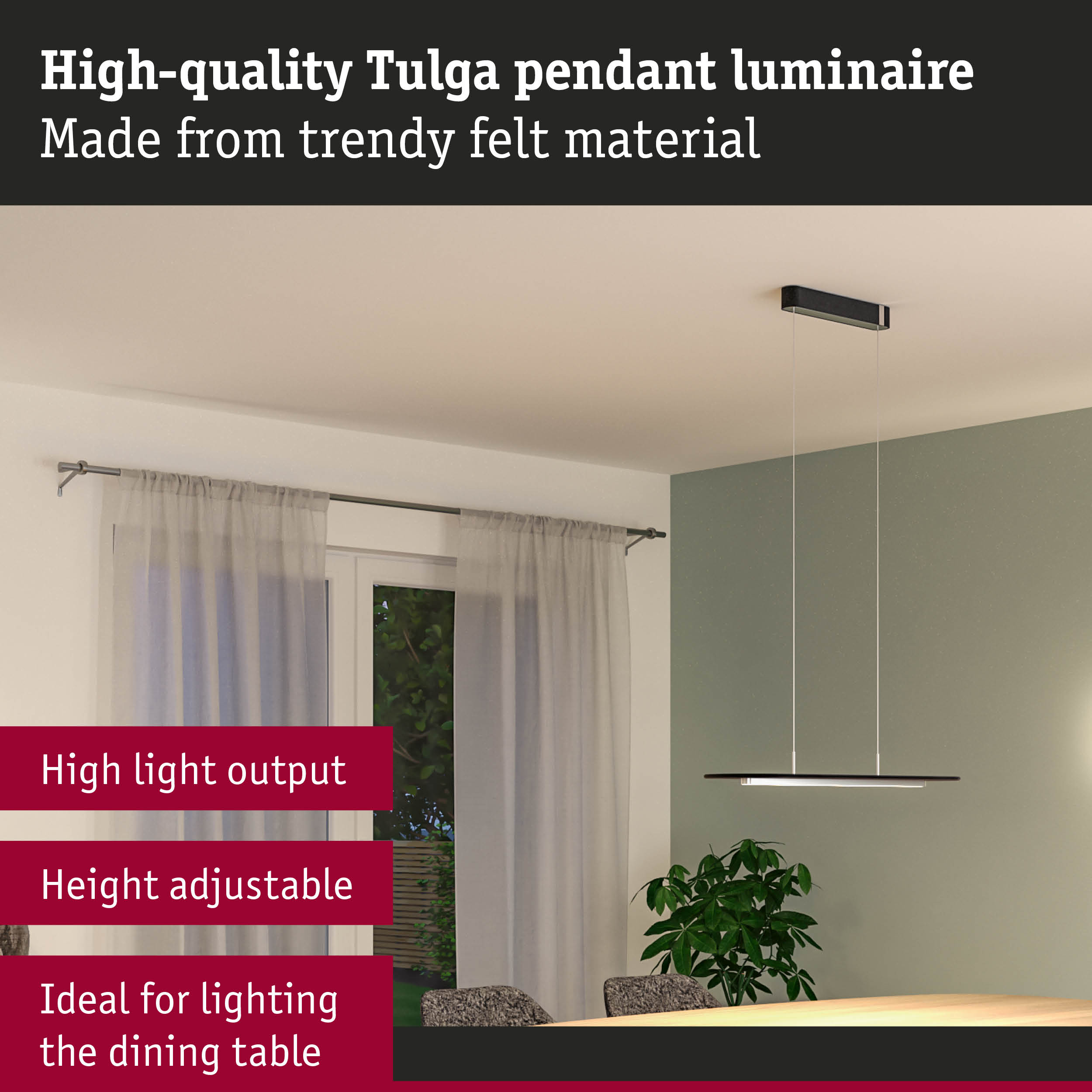 Modern black Tulga felt pendant light, height adjustable, perfect for dining table illumination