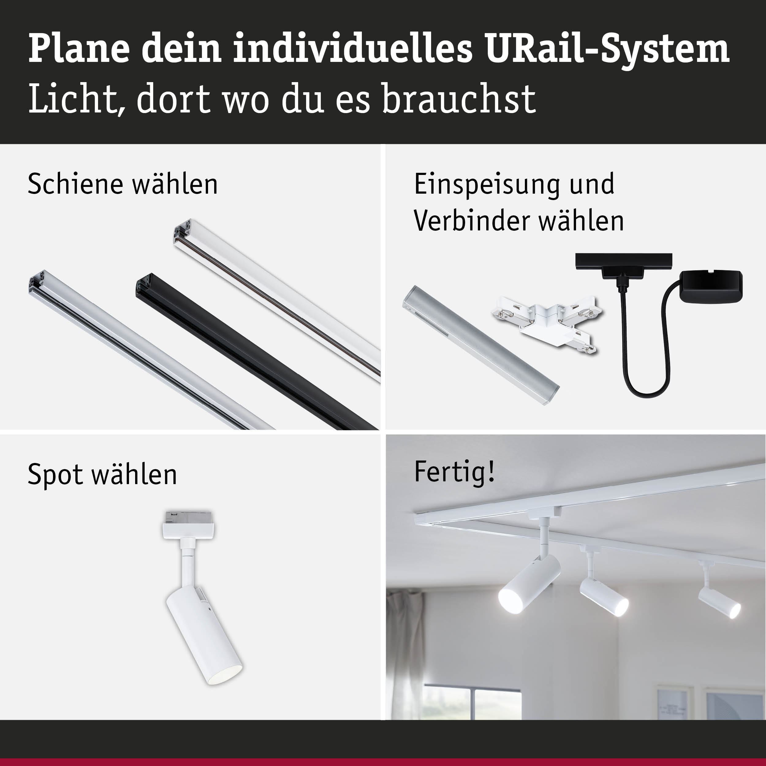 Modulares URail-Schienensystem mit weißen und schwarzen Schienen, Spots und Verbindern für flexible Beleuchtung