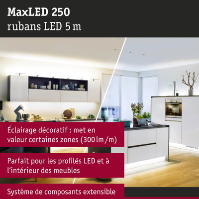 Bande LED MaxLED 250 de 5 m pour éclairage décoratif dans une cuisine moderne avec meubles blancs