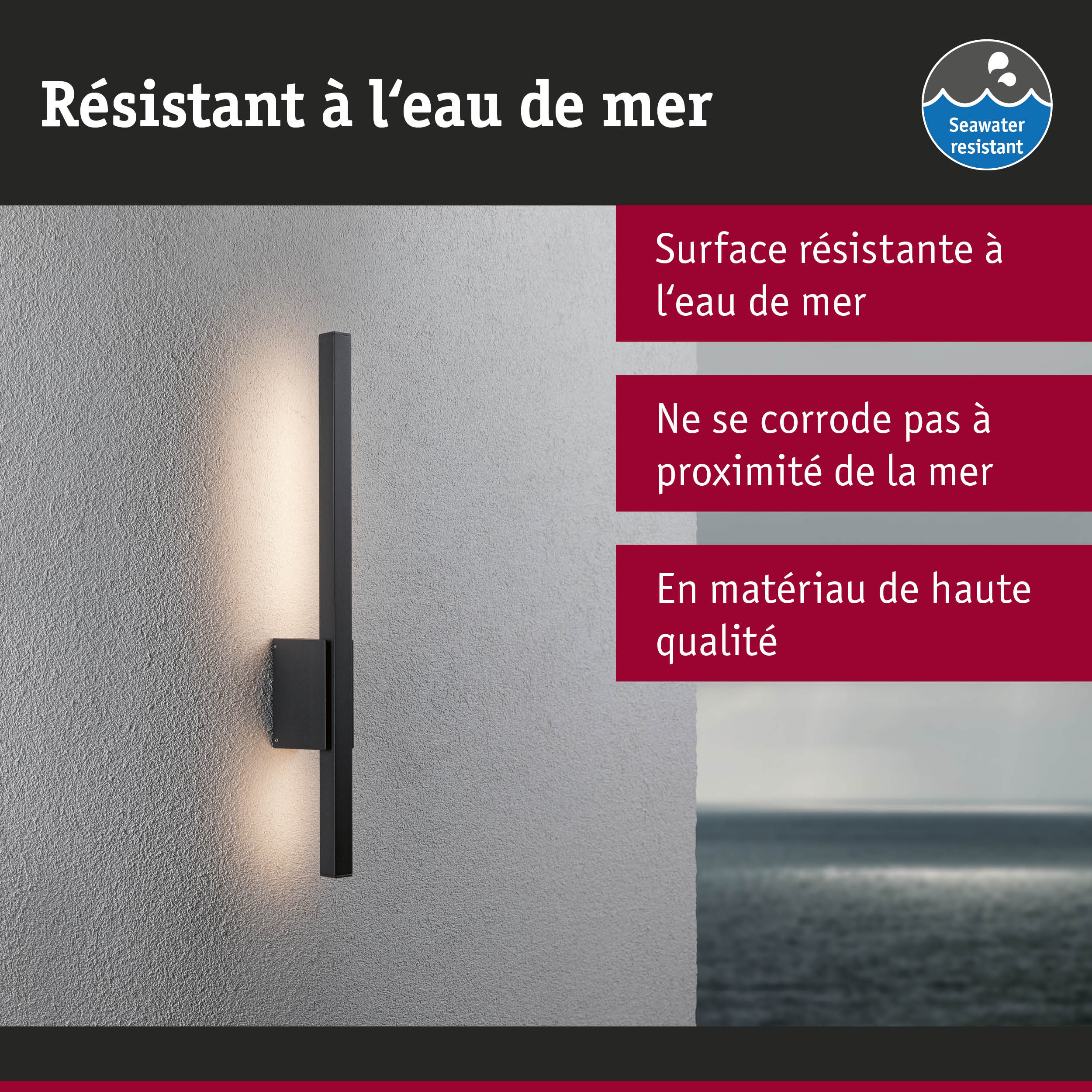 Applique murale extérieure noire résistante à l'eau de mer sur mur gris texturé