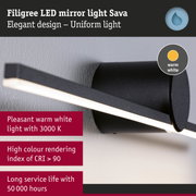 Filigree black LED mirror light Sava with warm white light and long 50,000-hour service life