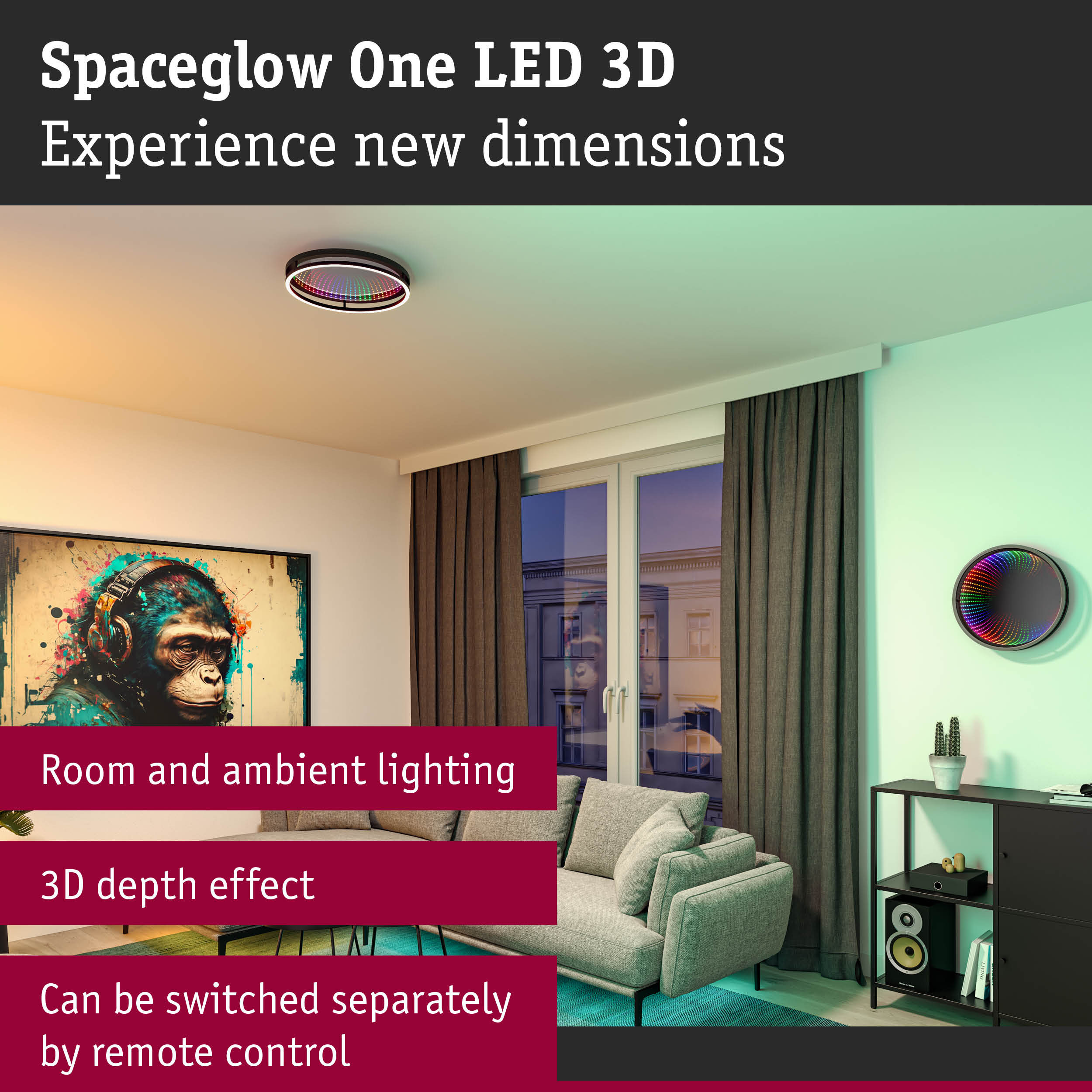 Spaceglow One LED 3D ceiling light with 3D depth effect and remote control for ambient room lighting